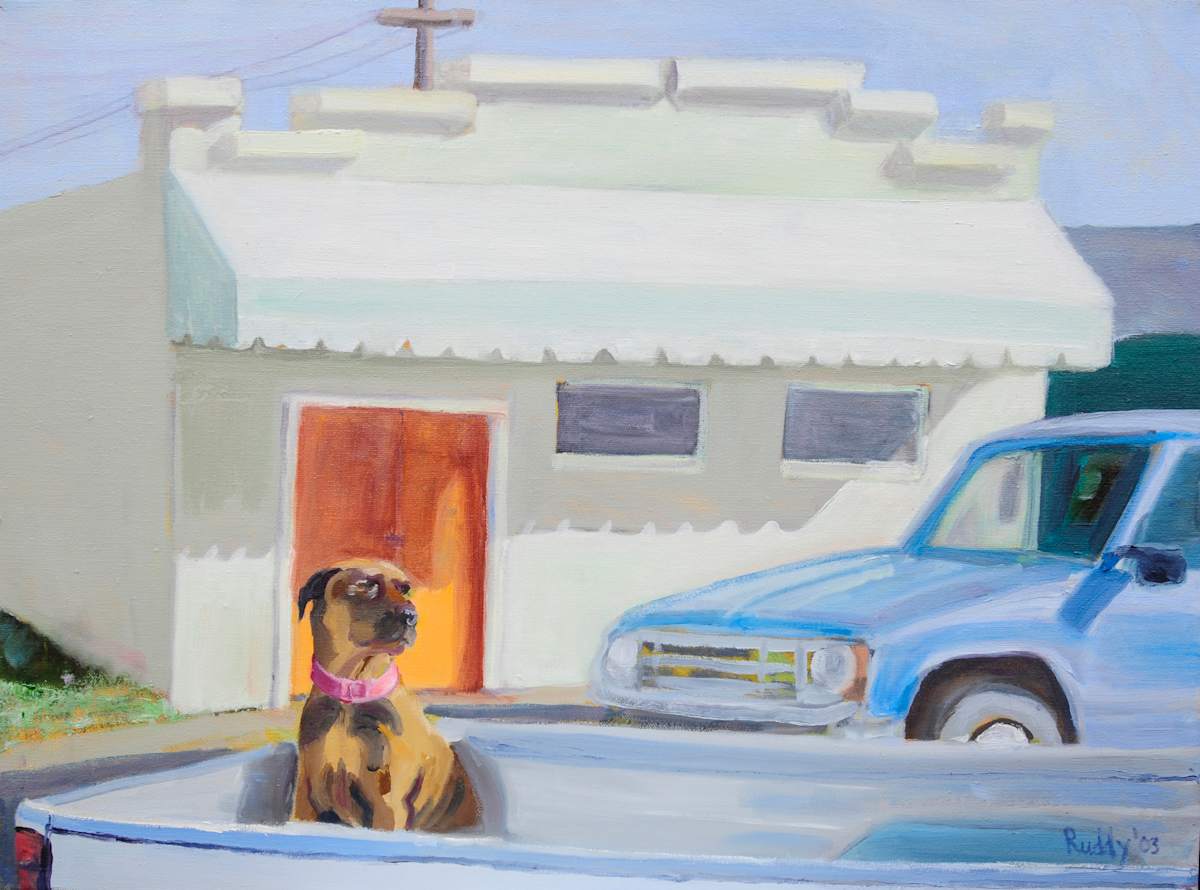 Orange Door and Dog by Sally Ruddy 