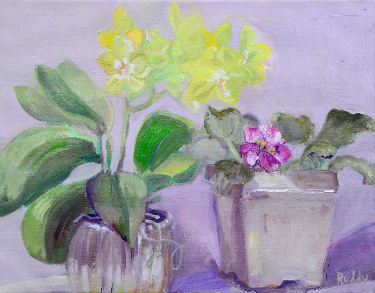 Yellow Orchid and Violet by Sally Ruddy, Image 1.