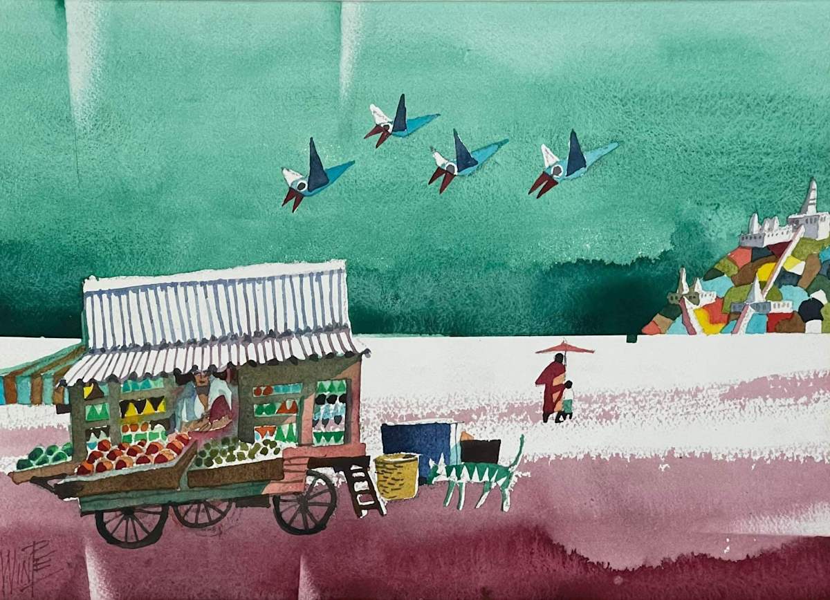 A Fruit Vendor and a distant Hill by Win Pe 