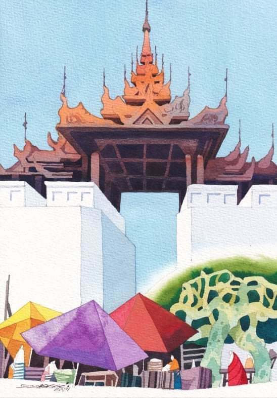 Vendors in front of Mandalay Moat (2021) by Zarni 