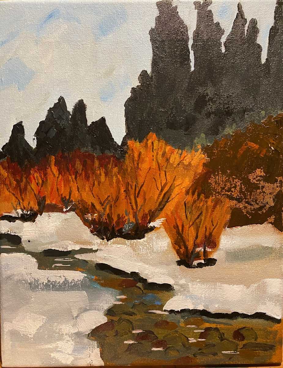 Winter Stream by Sarah W  Image: Winter stream with shrubs and pine in the background.