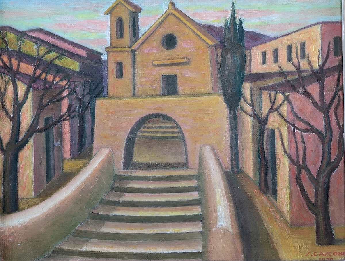 Paesaggio ibleo con chiesa (1958) by Salvatore Cascone 