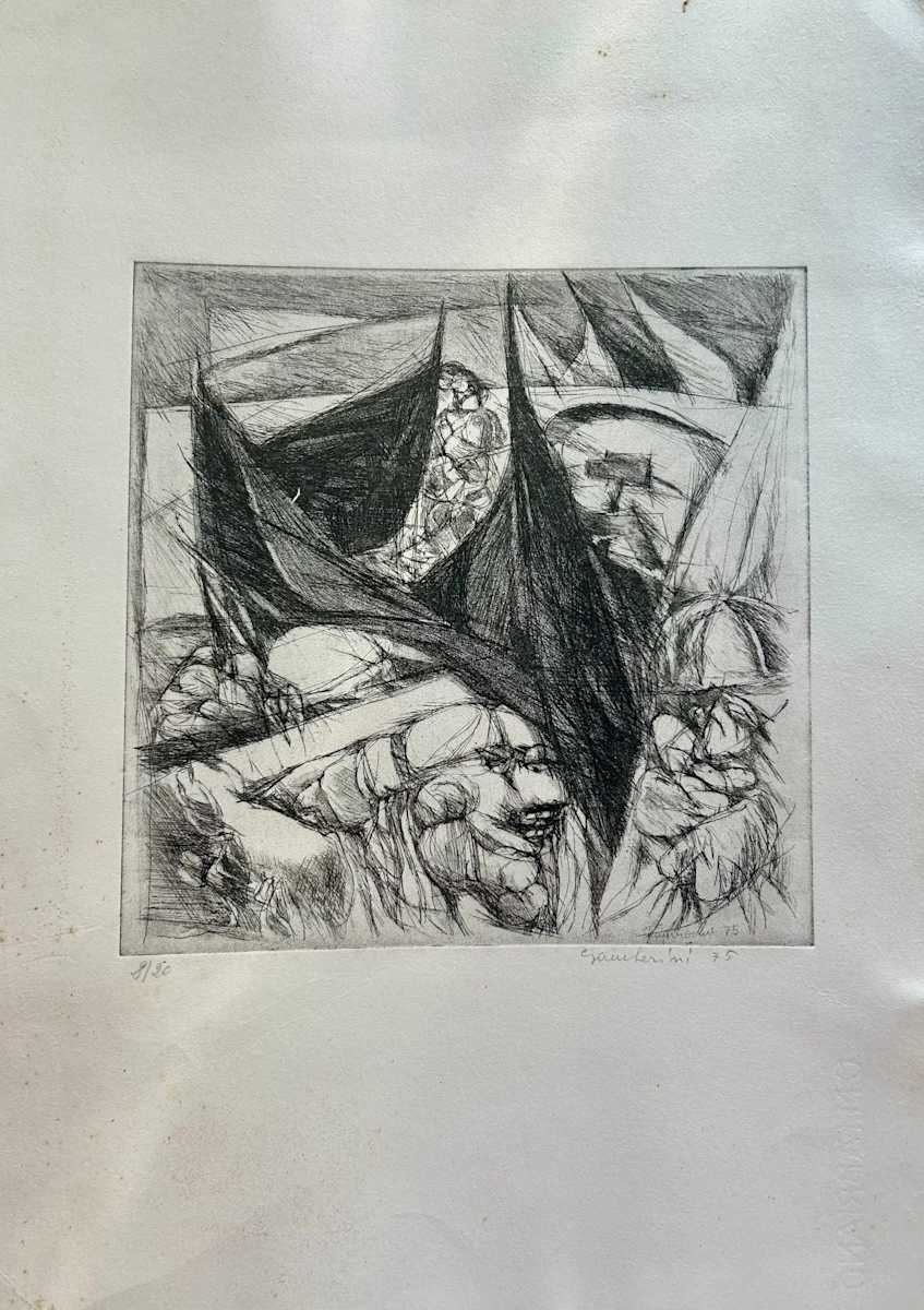 Manifestazione by Ruggero Gamberini  Image: In this dynamic etching from 1975, Ruggero Gamberini captures the energy and agitation of a mass protest. Stylised human figures emerge from beneath sharp black banners that dominate the scene. The composition is dense and angular, conveying a sense of emotional urgency and political intensity characteristic of Gamberini’s printmaking from this era. Edition of 20.