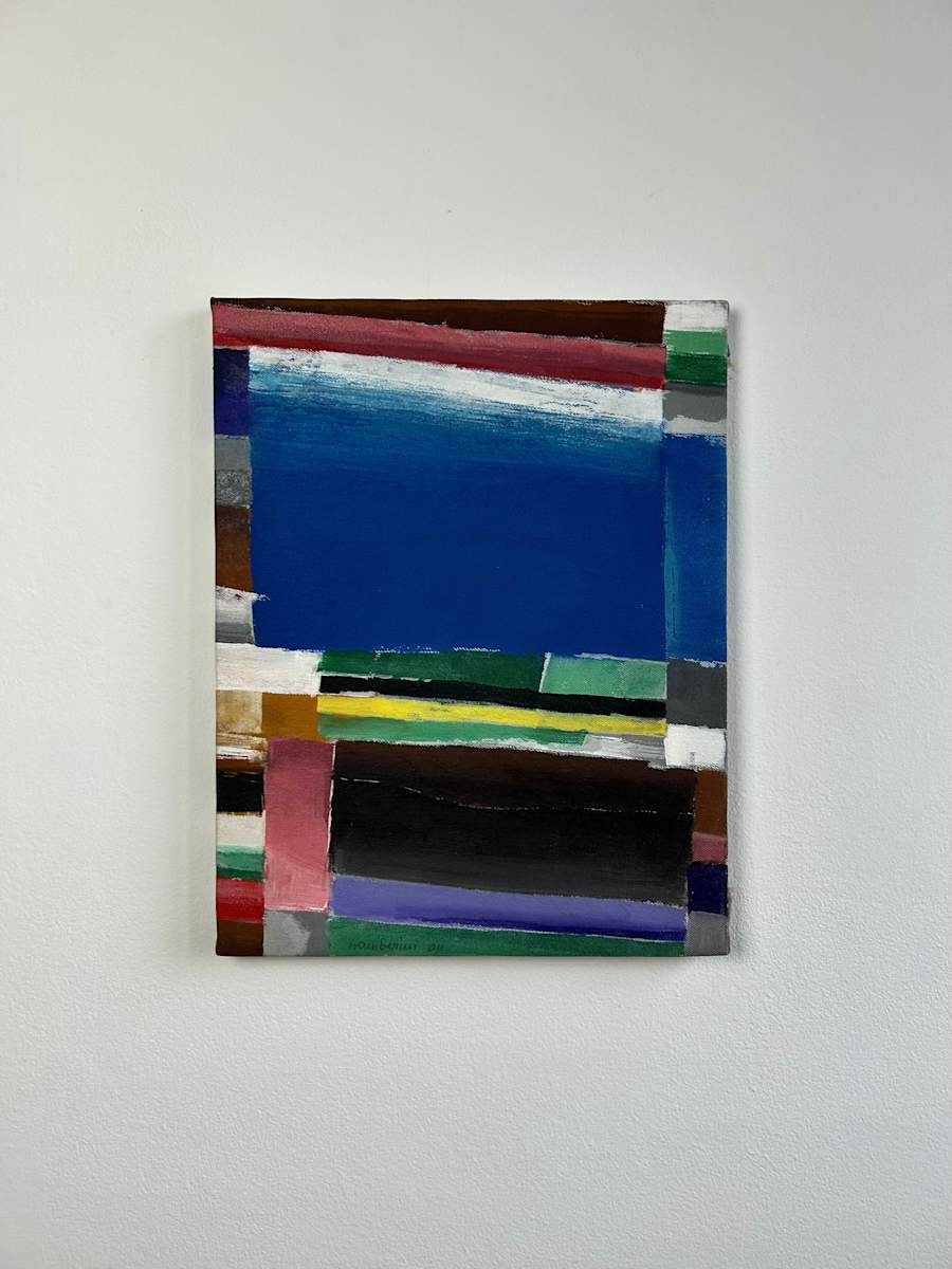 Untitled by Ruggero Gamberini  Image: This untitled work from 2011 exemplifies Gamberini’s late exploration of geometric abstraction. Striking in its architectural precision, the composition is dominated by a deep cobalt blue field, surrounded by layers of segmented colour blocks. The rhythmic layering of vivid tones - reds, greens, yellows, and blacks - conveys a sense of internal structure and dynamic balance. A refined example of the artist’s engagement with abstract form in his final years.