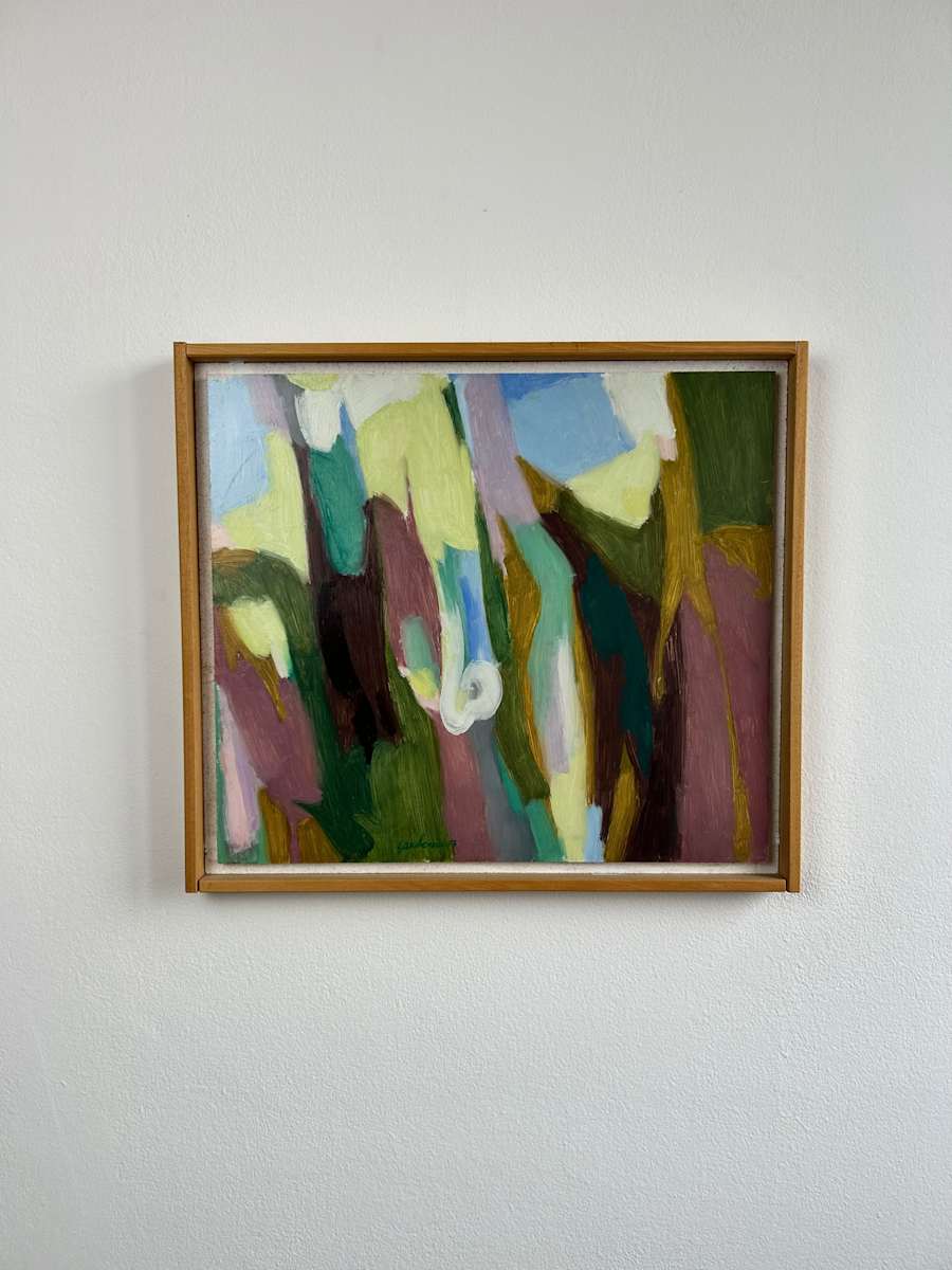 Untitled by Ruggero Gamberini  Image: This luminous composition from 2003 blends cool blue, pale green, and earthy tones into an abstracted rhythm that suggests vegetal forms or a sunlit woodland. Painted on chipboard, Gamberini’s energetic brushwork lends a palpable sense of light filtering through organic shapes - somewhere between abstraction and landscape.