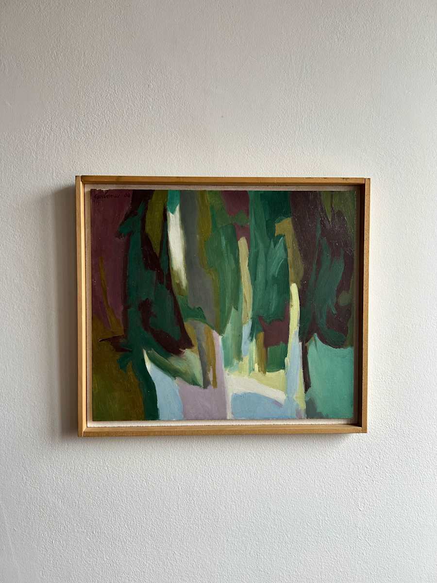 Riflessi by Ruggero Gamberini  Image: In Riflessi, Gamberini evokes a wooded landscape mirrored in water, distilling the essence of reflection through vertical brushstrokes and tonal modulation. Painted in 2003, the composition hovers between figuration and abstraction, imbued with a meditative stillness.