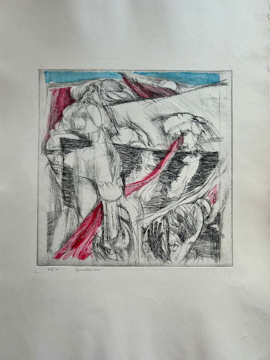 Untitled by Ruggero Gamberini  Image: This powerful 1975 etching by Ruggero Gamberini portrays a dynamic crowd scene, where stylised figures in protest or movement are draped with vivid red banners under a strip of blue sky. Aquatint-coloured accents heighten the visual tension and energy, suggesting both solidarity and struggle. The geometric composition and vigorous linework reflect Gamberini’s politically charged aesthetic of the 1970s. Edition of 10.