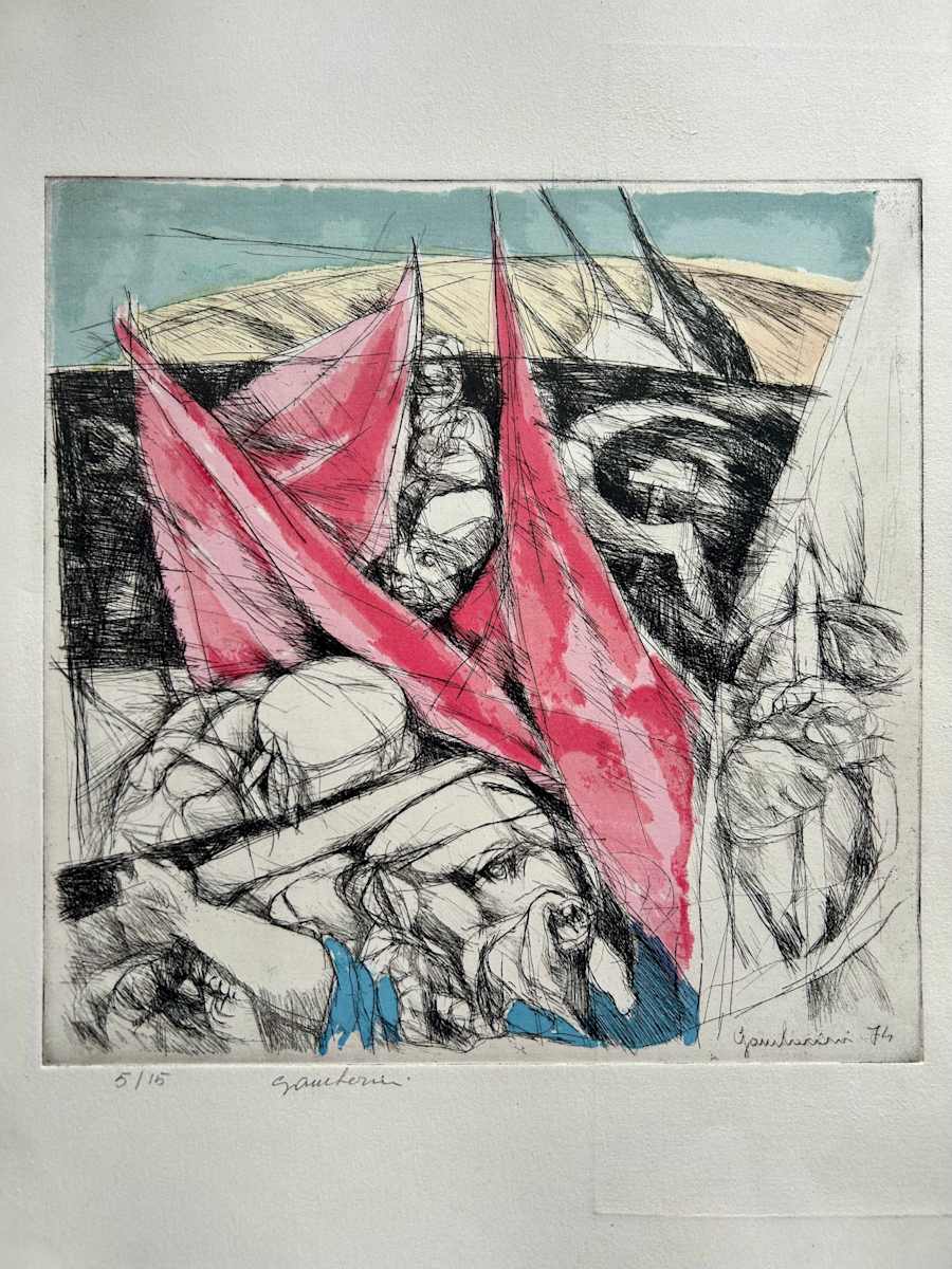 Untitled by Ruggero Gamberini  Image: In this striking 1974 etching, Ruggero Gamberini constructs a tumultuous protest scene marked by bold red flags and contorted, expressive figures. The aquatint colour washes add emphasis and rhythm to the composition, reinforcing its dynamic, politically charged atmosphere. This work is part of a limited edition of 15, signed and dated in the plate and margin.