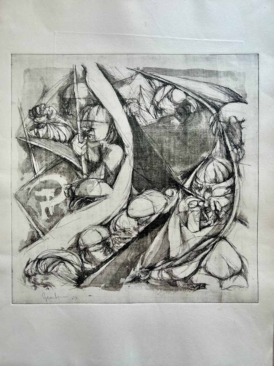 Untitled by Ruggero Gamberini  Image: This powerful etching from 1975 captures a densely choreographed protest scene rendered in a muscular, expressive style. Figures brandish flags and gestures of defiance, tightly woven into a dynamic, chaotic structure. One of the flags appears to reference communist iconography. This work is believed to exist in a single known impression, making it an especially rare example of Gamberini’s politically engaged printmaking.