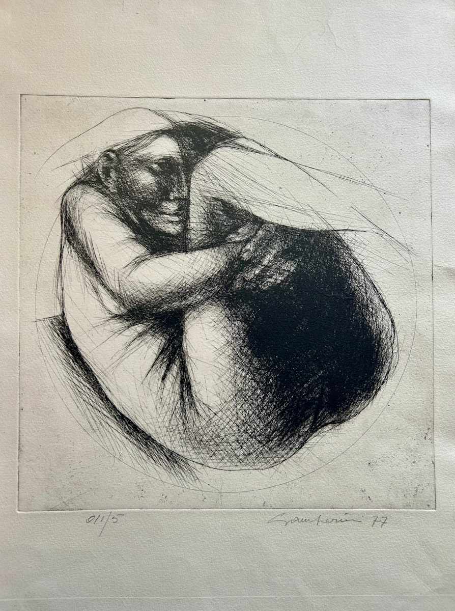 Untitled by Ruggero Gamberini  Image: This powerful composition presents a solitary, curled human figure enclosed within a circular space. The dense cross-hatching and the stark contrast between light and shadow convey a sense of psychological tension and interiority. The figure’s posture - compact, protective, almost foetal - suggests vulnerability, isolation, and introspection. The work exemplifies Gamberini’s expressive draughtsmanship and his continued exploration of the human condition through contorted, emotionally charged forms. Edition of 11.