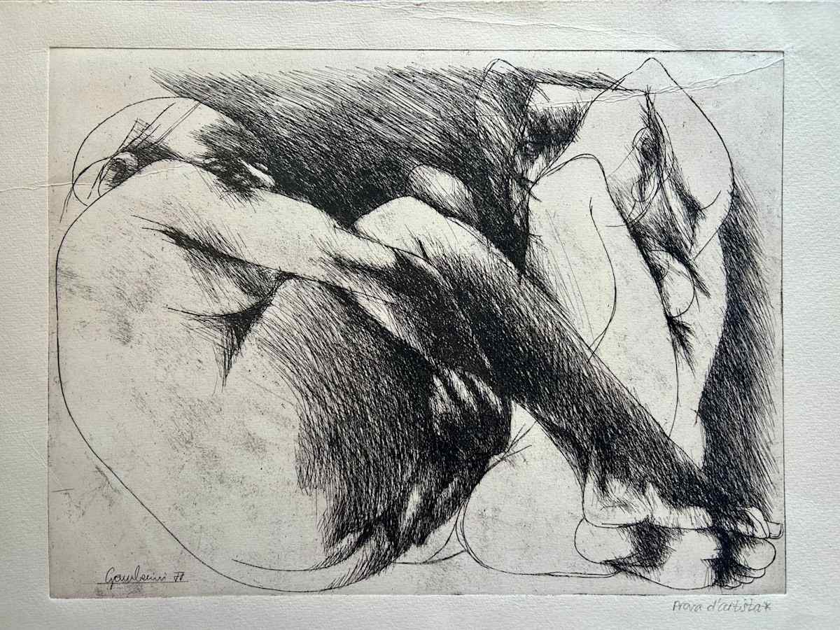 Untitled by Ruggero Gamberini  Image: This expressive etching presents a figure tightly folded into a near-abstract composition of limbs, shadows, and intersecting contours. Gamberini’s masterful line work and tonal contrast convey both the physical tension and psychological depth of the subject. This is a rare artist’s proof, bearing a handwritten “prova d’artista”, it is the only known impression.