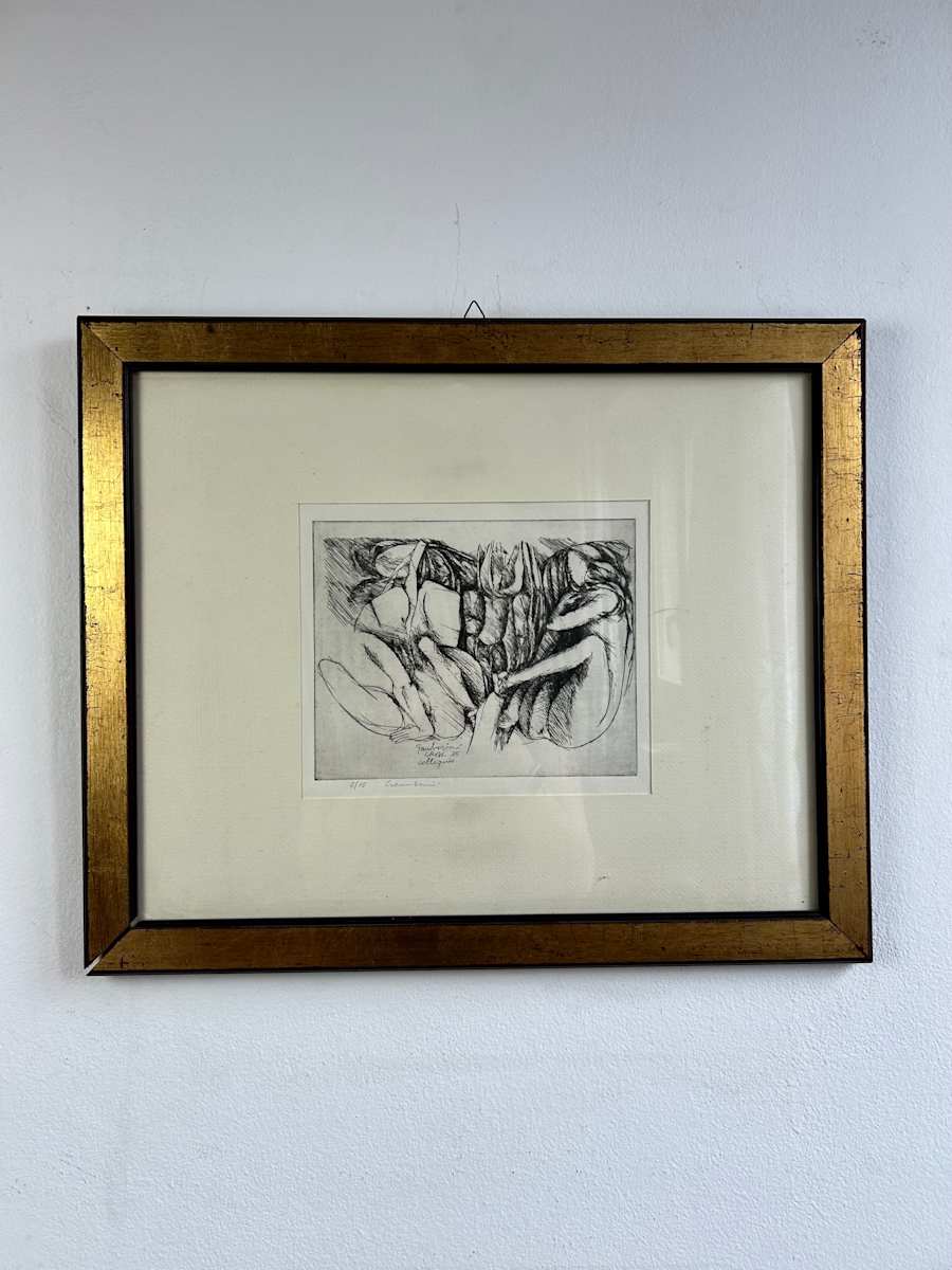 CRAL Colloquio by Ruggero Gamberini  Image: This 1975 etching, titled "CRAL Colloquio", presents an intimate yet abstracted scene of conversation or reflection. The seated, intertwined figures evoke both closeness and introspection, enveloped in a web of expressive, gestural lines. The work was produced in a very limited edition of 5, adding to its rarity.