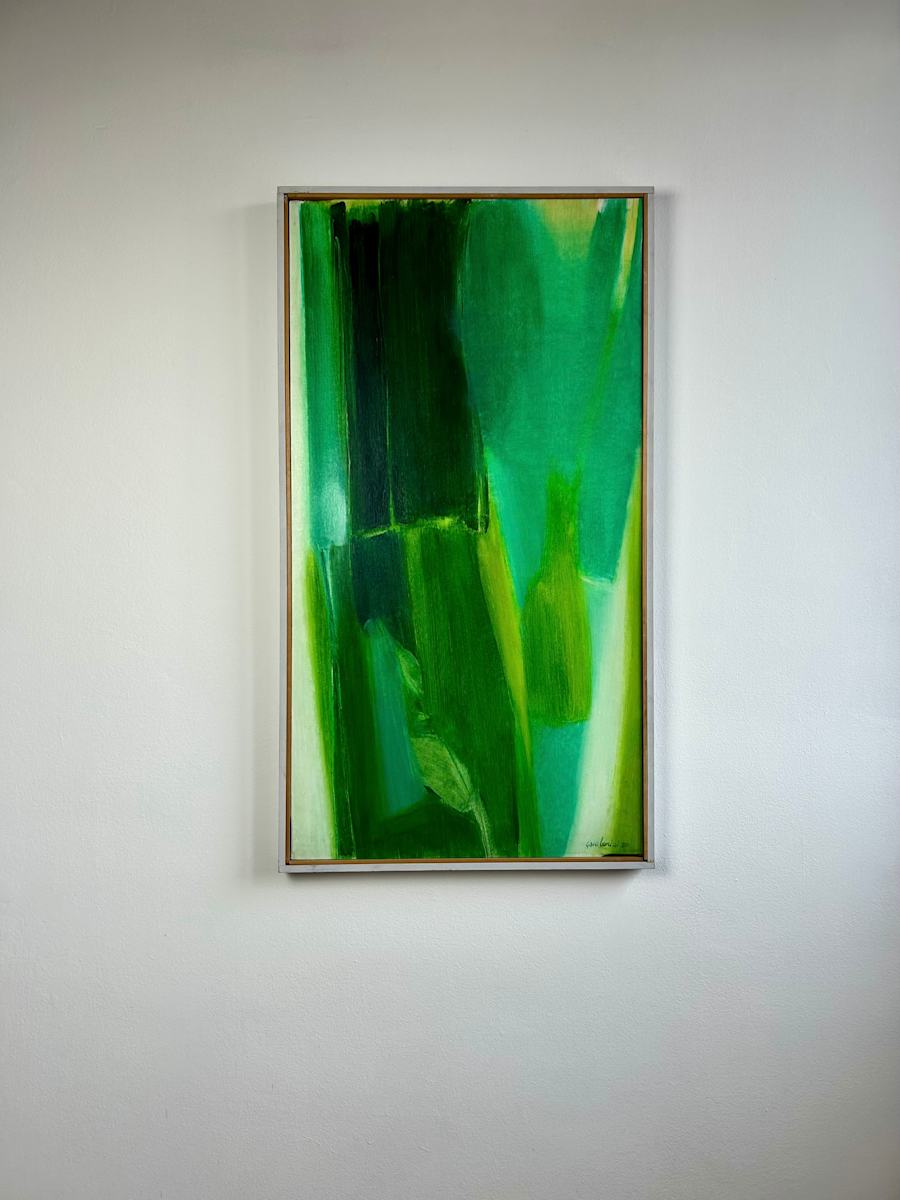 Untitled by Ruggero Gamberini  Image: This large-format abstract painting by Ruggero Gamberini explores the atmospheric potential of green through layered brushwork and vertical rhythm. Created in 2000, it marks a contemplative moment in the artist’s mature period, where gestural energy is softened into fields of shifting tone and luminous depth. The composition suggests natural forms without fixing them, inviting open interpretation.

Signed on both the front and reverse, this work exemplifies Gamberini’s intuitive command of colour and surface. 