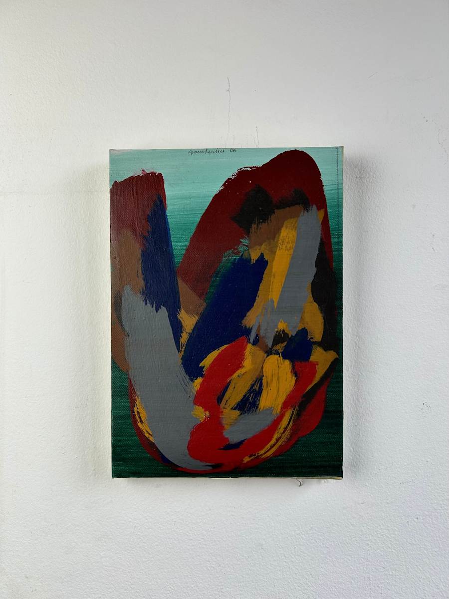 Estate by Ruggero Gamberini  Image: A luminous burst of color and motion, Estate evokes the heat, rhythm, and vitality of summer. Gamberini applies enamel in bold, expressive strokes, layering gestures of red, yellow, blue, and grey against a serene green backdrop. The painting radiates the freedom and immediacy typical of his late work, capturing an emotional atmosphere rather than a representational scene. Exhibited at Art Action, Novara, 2008