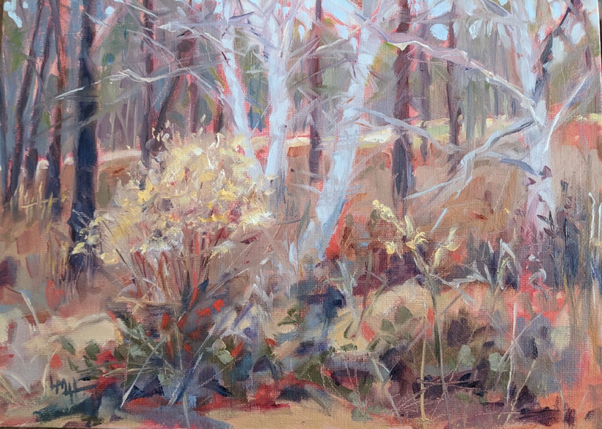 January Morning Walk by Laura McRae-Hitchcock  Image: Framed in a wide black plein air frame, this small piece was painted on a walk in South Georgia. 