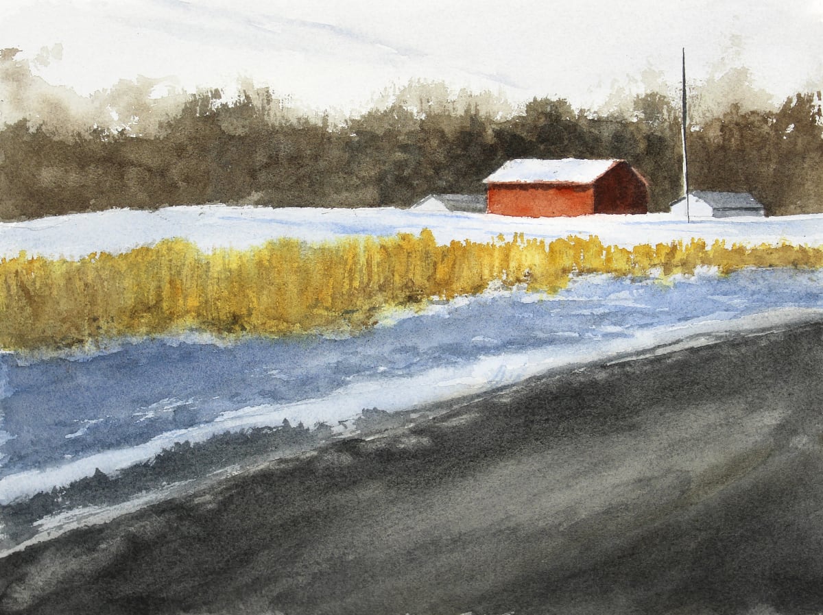 Red barn, Grass and Snow 