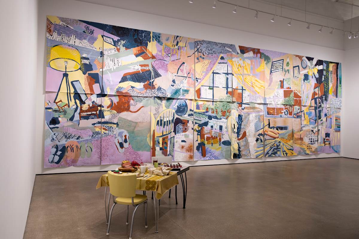 Where I Live by Dani Samson  Image: 16 mixed media paintings on unstretched canvas, hung side by side in a 13'9” x 40' display. This installation was first exhibited at the Canzani Center in Columbus, OH in 2019.
