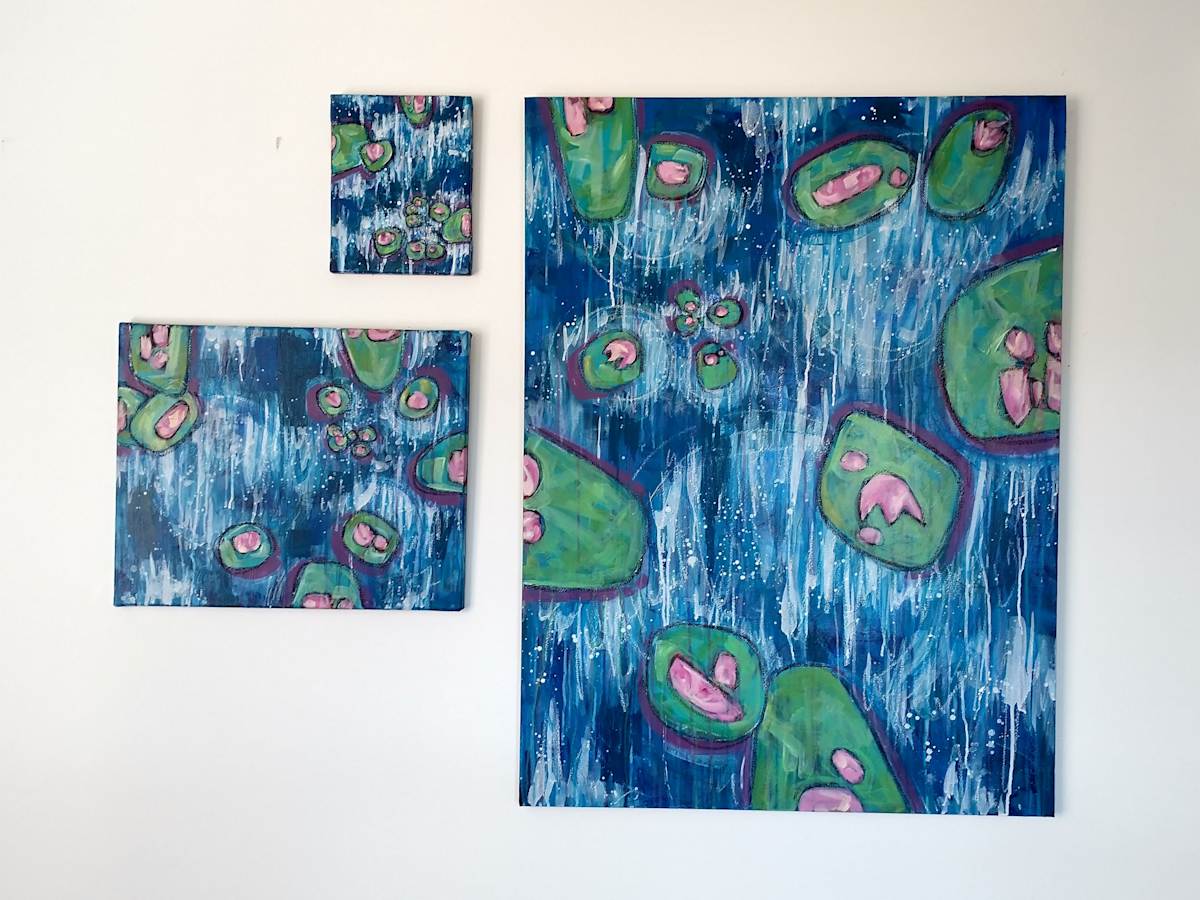Lily Pad Triptych by Jessie Tucker  Image: Acrylic paint, wax pencils, and oil pastels on canvas. 30x40", 16x20", and 8x10".