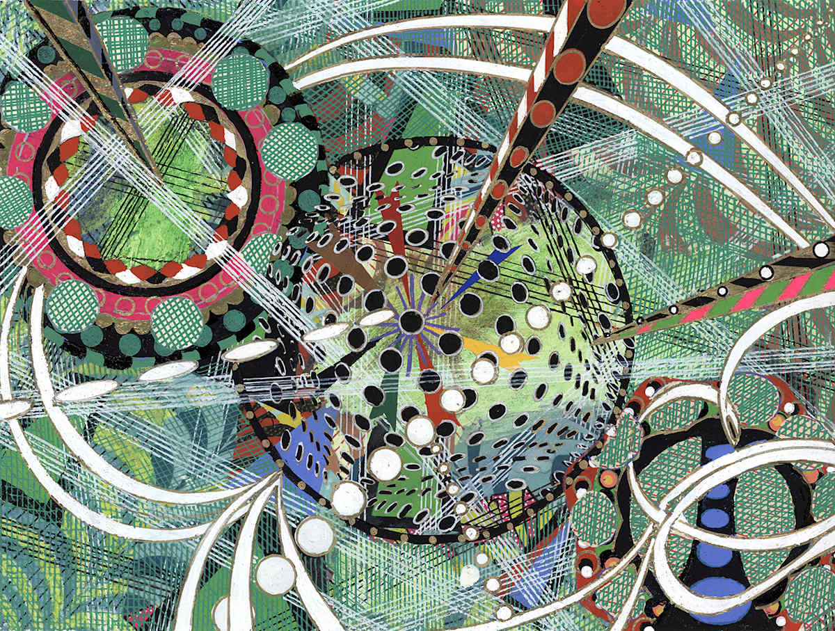 Quantum Fluctuations by Amy I Cheng  Image: Quantum Fluctuations, gouache and oil marker on paper, 11 x 15-in, 2024,  $1500 framed