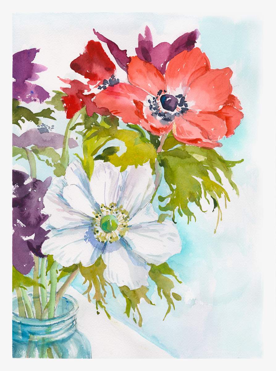 Anemones in Blue Vase by Betsy Jacaruso Gallery, Image 1.