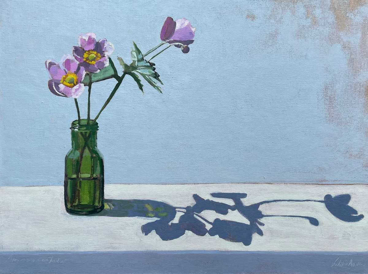 Anemones in Studio by Valerie Mann  Image: oil painting on canvas board, framed