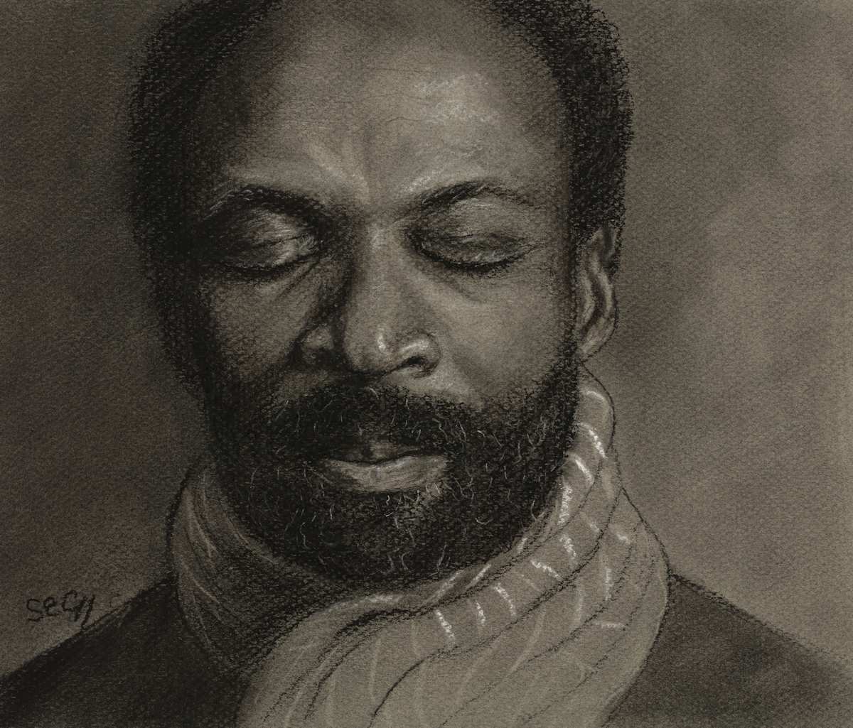 Peaceful by Susan E Cunniff Fine Art  Image: Charcoal on 8.5"x10" on Canson Mi-Teintes grey paper, framed behind Optium Museum Acrylic.
