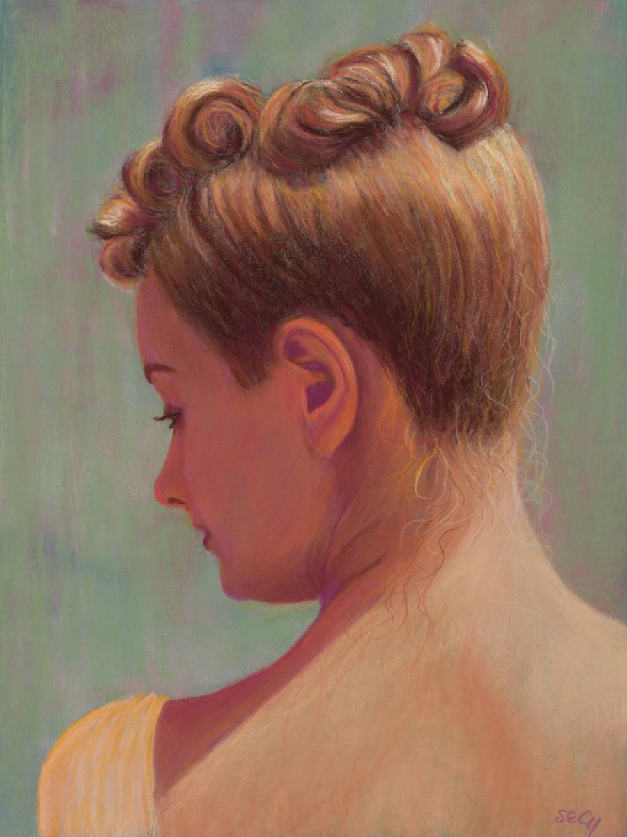 The Up-Do by Susan E Cunniff Fine Art  Image: 9”x12” hard and soft pastel on light green pastelmat, unframed.