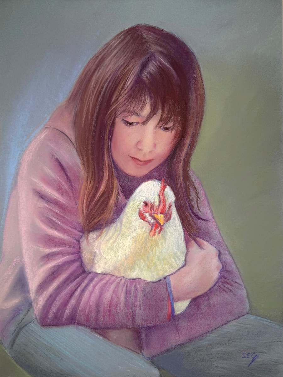Minding Henrietta by Susan E Cunniff Fine Art  Image: A tribute to the families in my Maine and Irish ancestry that relied on farms for their living. I remember my grandmother telling me about her pet cow and can imagine her having a favorite chicken as well. 16”x12” pastel on blue MiTeintes paper. Reference by Melissa Ronan used with permission.