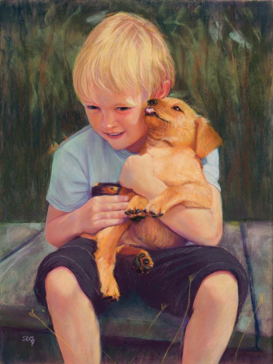 The New Pup by Susan E Cunniff Fine Art  Image: This painting tells the classic story of the bond between a boy and his dog. They will surely be loyal friends through thick and thin. 
Pastel and pastel pencil on Pastelmat in an 18"x14" frame with an off white mat and specialty glass.