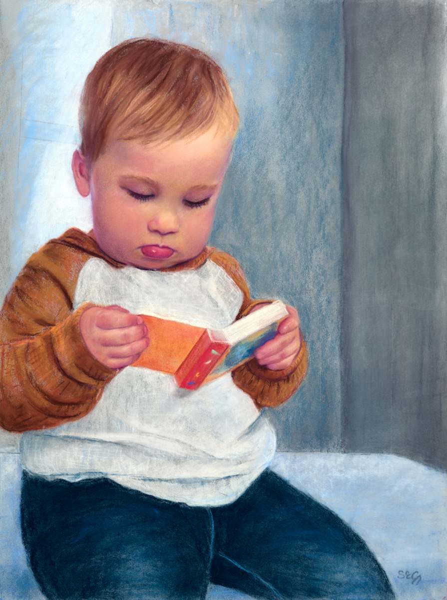 The Reader by Susan E Cunniff Fine Art  Image: The mind of a child is like a sponge and the ability to read provides the opportunity to spark imagination, learning and self awareness. To witness a child at the beginning of this magical journey is such a gift. Through reading he will learn so much about himself and the people and creatures that inhabit his world. (Source of inspiraton: personal reference.)

Pastel/pastel pencil on light grey pastelmat, 40x30 cm, unframed.