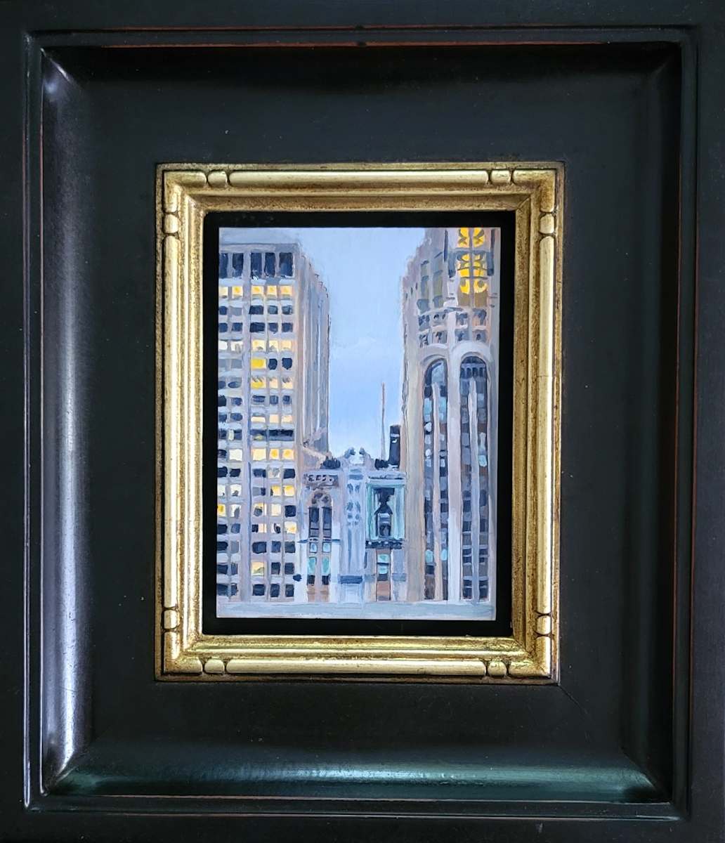 Chicago From the 44th Floor by Barbara Henris  Image: A birds-eye peek at the Windy City skyline. Oil on 5” x 7” panel in a gorgeous handmade frame. Finished size: 12.5” x 14.5”. Price includes frame.