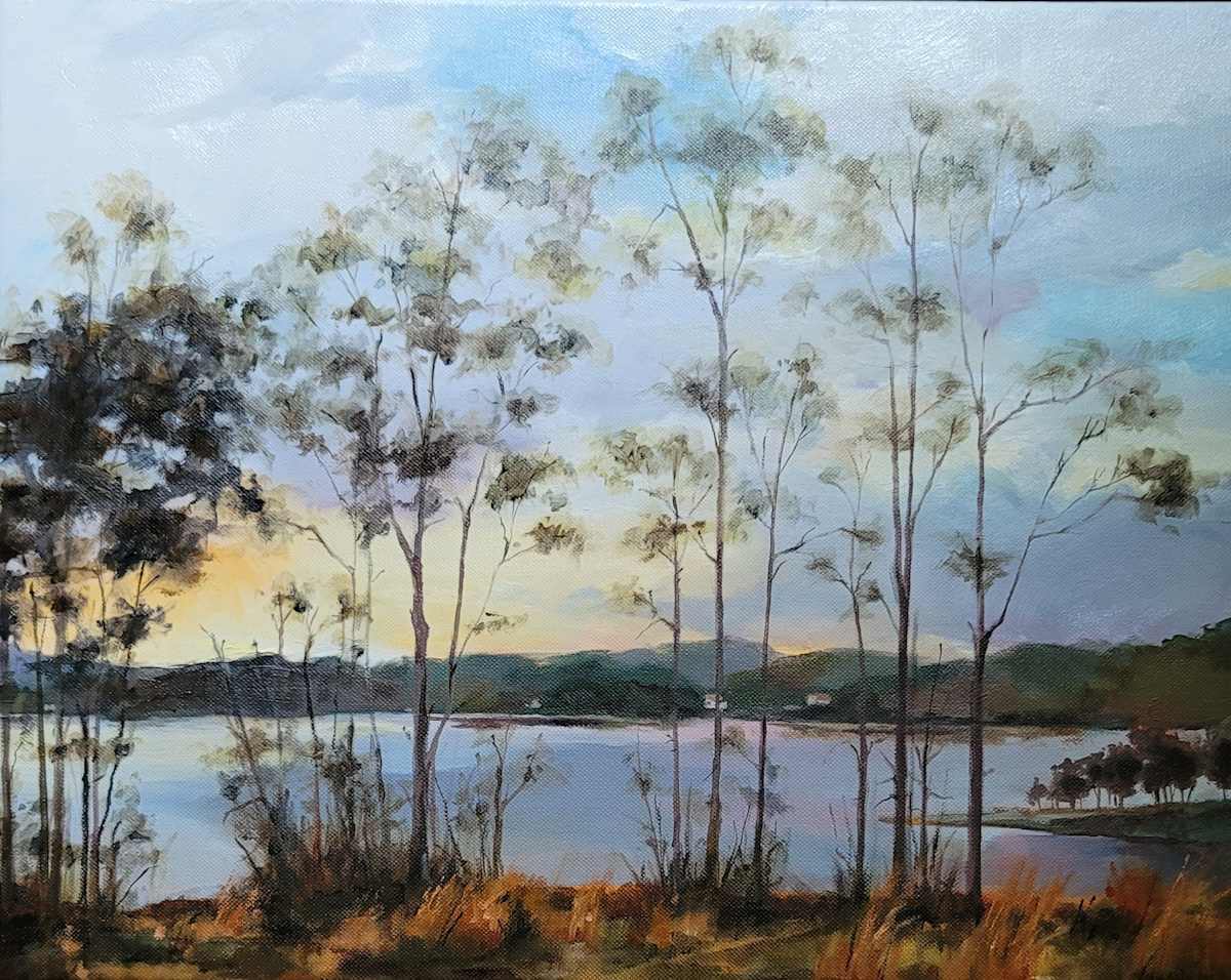 Lakeside Sunset by Barbara Henris  Image: Oil on canvas, ready to hang, wood floater frame.