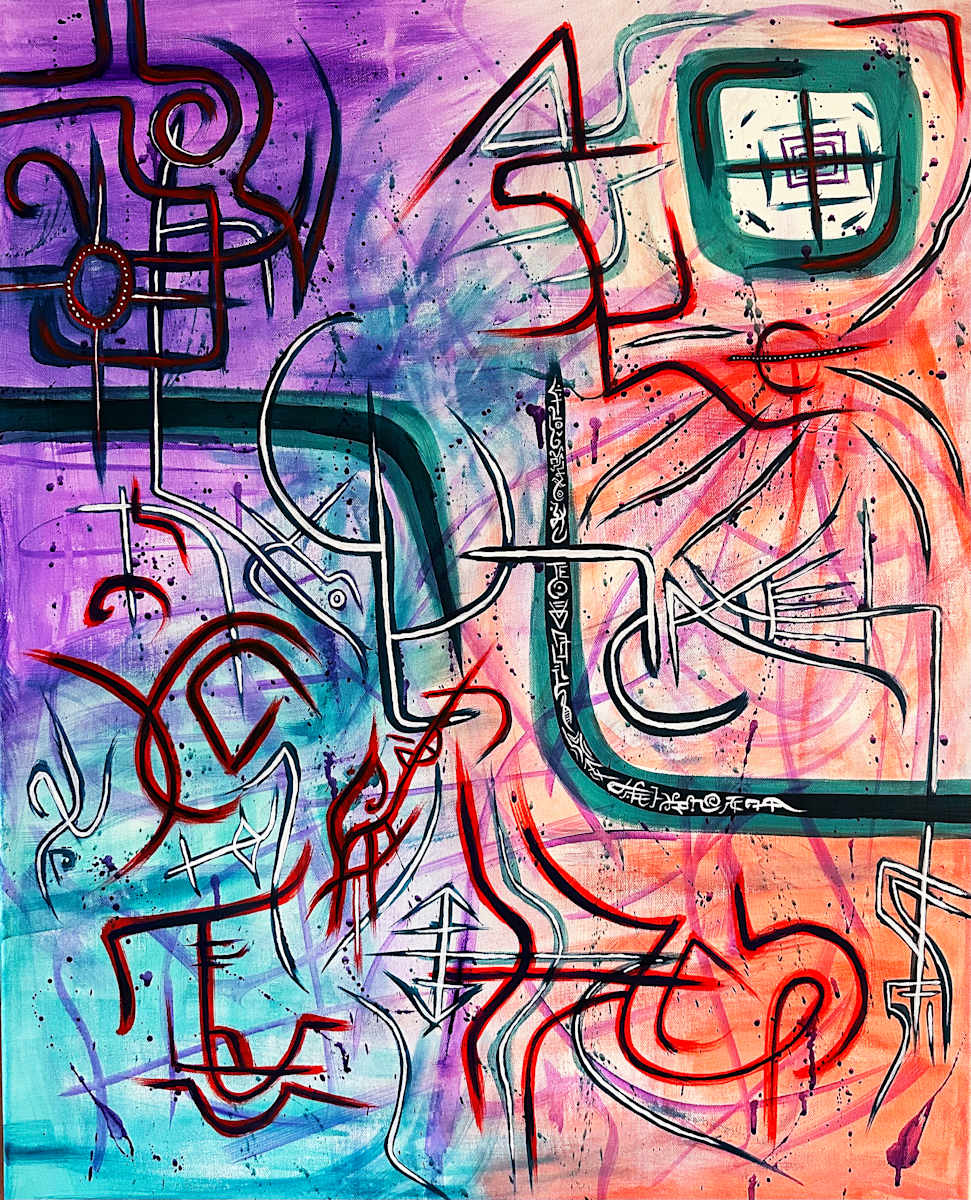 Celestial Invocation (Original - 24x30) by AboVelow Design  Image: Dimensions: 16" x 20"
Media: Acrylic
Material: Canvas

"Celestial Invocation"
Swirling in the celestial sky, we dance amongst the moon and stars. Our purpose is clear, and our thoughts and dreams align. As we draw closer to the divine light, the light of the Eternal Ether, we feel completely illuminated. This is when our manifestations are rapidly trajected into the physical world and our thoughts are magnetic and profound. It is here, where we are capable of shifting timelines, paradigms and weaving through the dimensions of reality. “As above, so below, as within, so without, as the universe, so the soul." - Hermes Trismegistus

The emergence of one’s soul and awakening to the Eternal Ether. As light enters the soul, we connect to the higher planes of consciousness. All aspects of our life are illuminated and re-awakened. As we awaken from the unconscious slumber, we begin to shed the layers of our past selves. We begin to re-evaluate what drives our life force, what makes us feel fulfilled and what purpose does this life serve? You may find that what once brought you comfort, no longer serves you on the path ahead. The awakened state is not a one stop catch-all, we may revisit this part of the process several times throughout our awakening journey. Much like the evolving phoenix, we must be reborn several times in a lifetime to acquire the necessary tools for our growth. Stepping out of comfort and into vulnerability, which is the catalyst of change.
Welcome to the Celestial Invocation - "the window into the soul".
