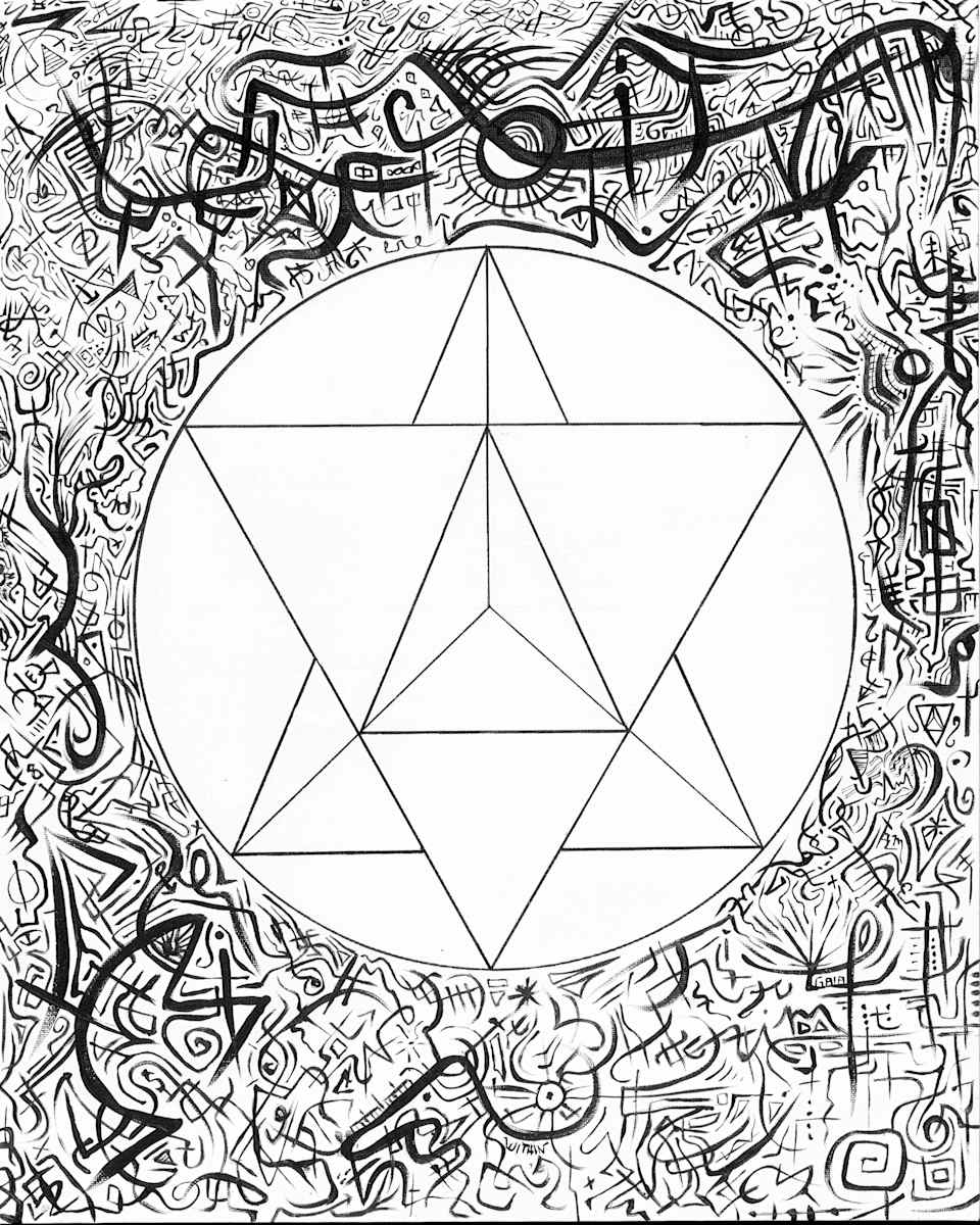 Lightkeepers Sanctuary (Art Print - 11x14) by AboVelow Design  Image: Dimensions: 16" x 20"
Media: Acrylic
Material: Canvas Panel

"Lightkeepers Sanctuary"
This piece draws inspiration from the sacred geometry of the Merkaba—a dynamic symbol that embodies the unity of body, mind, and soul. Traditionally rendered as interlocking tetrahedrons, the Merkaba represents a vibrant energy field that mirrors our inner luminescence. Here, it stands as a powerful reminder: the light we carry within is not static but constantly evolving, flowing beyond the confines of our physical form into the boundless expanse of universal consciousness.

At its core, this artwork is a visual journey into self-discovery. It invites you to dive deep into the realm of your experiences and connect with the truths that lie dormant within the 'self.' By embracing moments of introspection, you can witness how your individual identity is merely a reflection—one of many luminous facets in the collective consciousness. This realization transforms your inner landscape, as you come to understand that each personal insight is a mirror to the universal, where every triumph and trial converges into a symphony of shared understanding.

The painting becomes a sacred space where teaching and learning are intertwined. In this realm, every soulful encounter serves as both a lesson and an opportunity to impart wisdom. The notion that we are all both the student and the mentor is celebrated here; each interaction is a chance to exchange energy, uplift one another, and propel the continuous cycle of growth. It is a reminder that the journey on earth is less about rigid boundaries and more about the mutual evolution of a collective spirit.