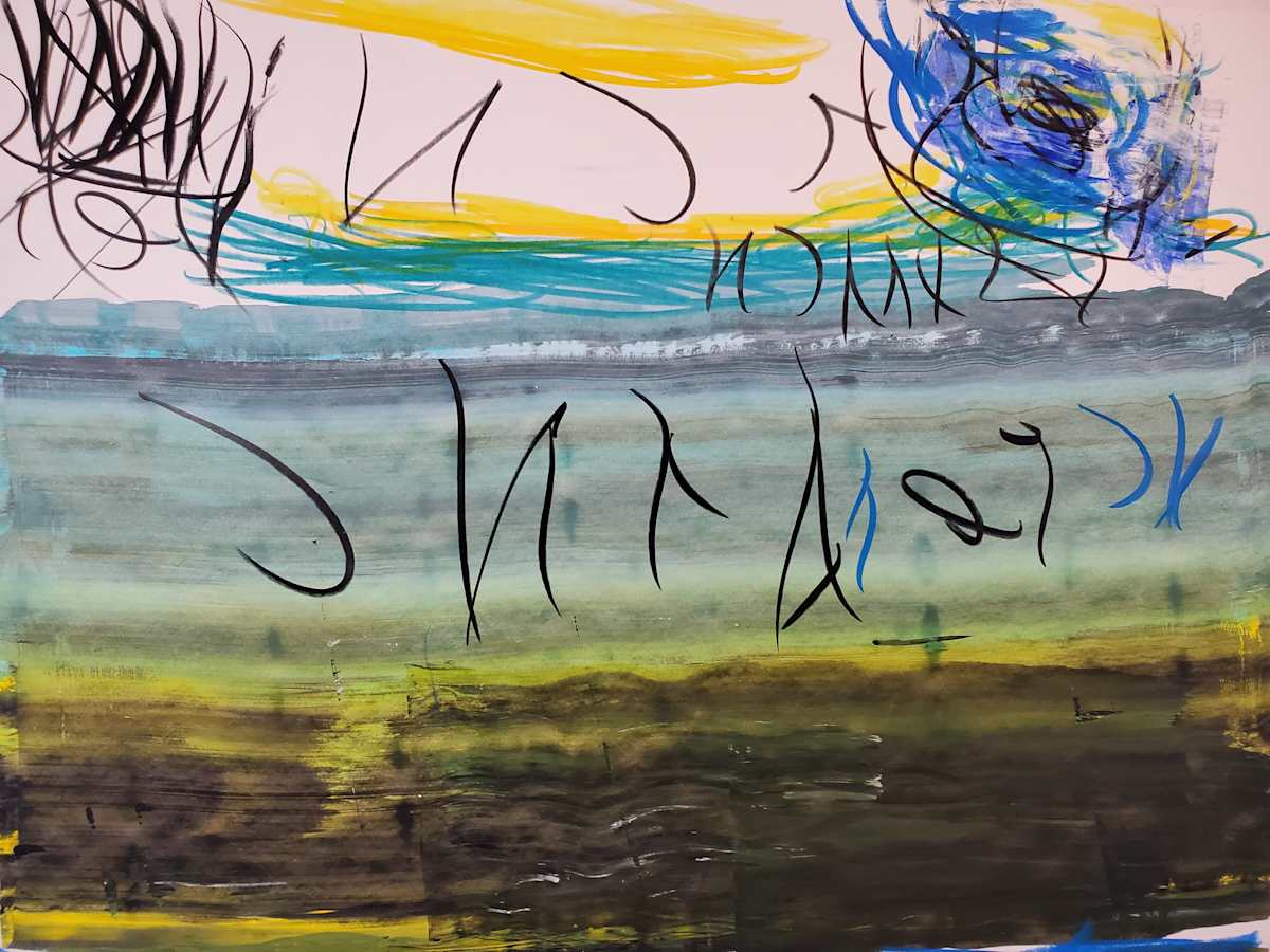 Blue Reflector by scottkadamsart  Image: Blue Reflector, 7-11-2023, 17.5" x 23 "(44.45 x 58.42 cm), acrylic and mixed media on paper. From the Symbolic Landscape Series. Copyright Scott K. Adams, 2023.
