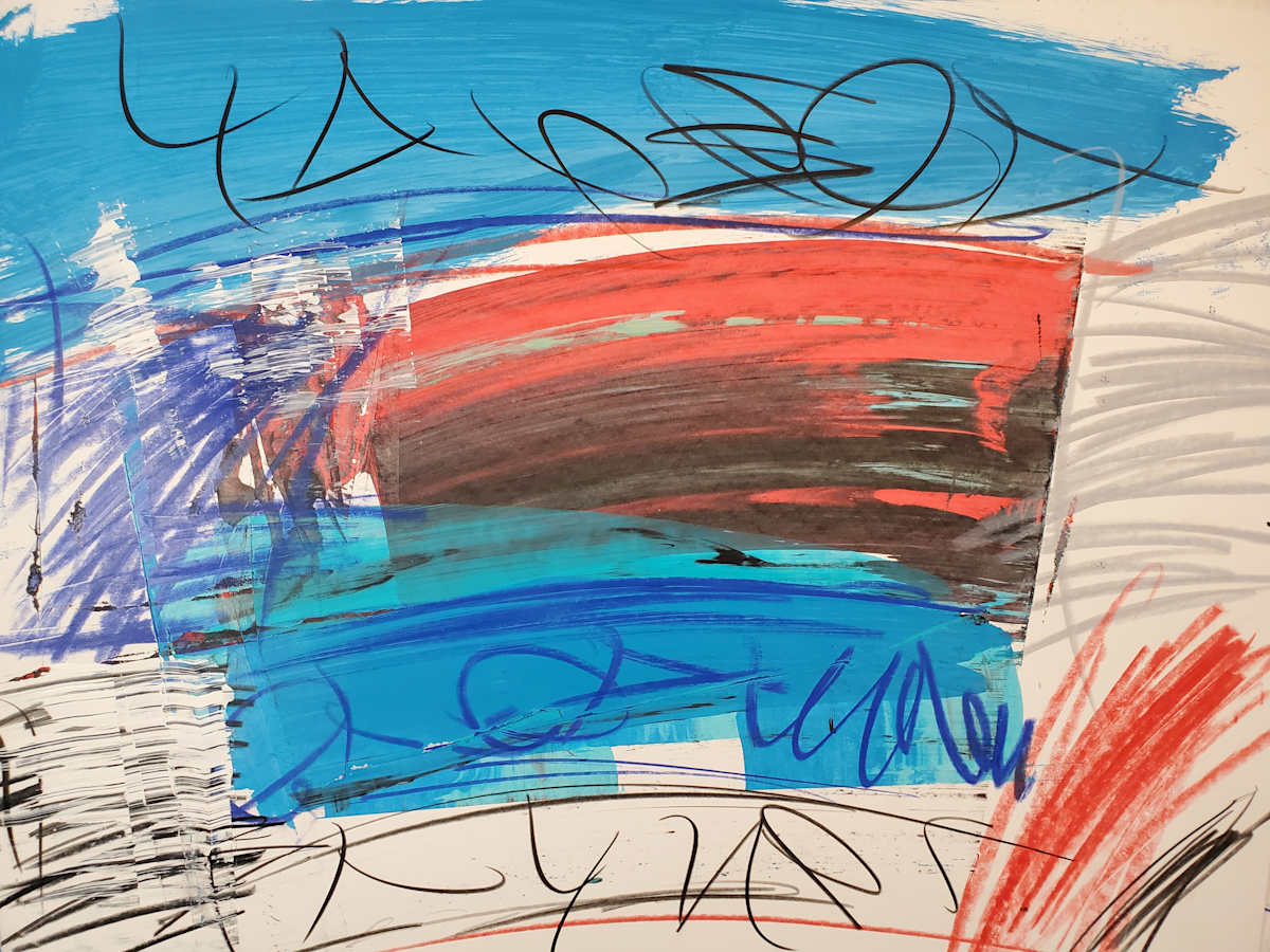 Blue Horizon by scottkadamsart  Image: Blue Horizon, 1-26-2025, 17.5" x 23 "(44.45 x 58.42 cm), acrylic and mixed media on paper. From the Symbolic Landscape Series. Copyright Scott K. Adams, 2025.