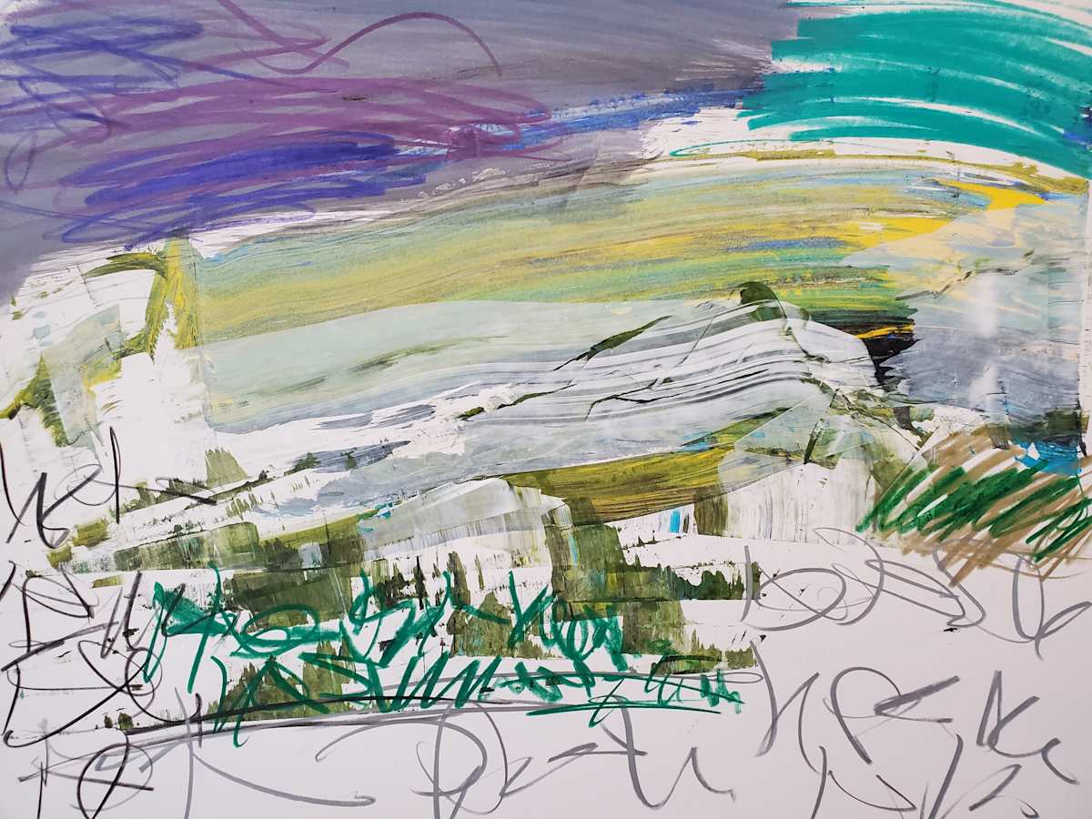 Approaching Storm Field #2 by scottkadamsart  Image: Approaching Storm Field #2, 1-30-2025, 17.5" x 23 "(44.45 x 58.42 cm), acrylic and mixed media on paper. From the Symbolic Landscape Series. Copyright Scott K. Adams, 2025.