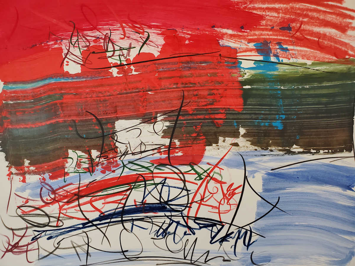 Red Sky Fire by scottkadamsart  Image: Red Sky Fire, 1-30-2025, 17.5" x 23 "(44.45 x 58.42 cm), acrylic and mixed media on paper. From the Symbolic Landscape Series. Copyright Scott K. Adams, 2025.