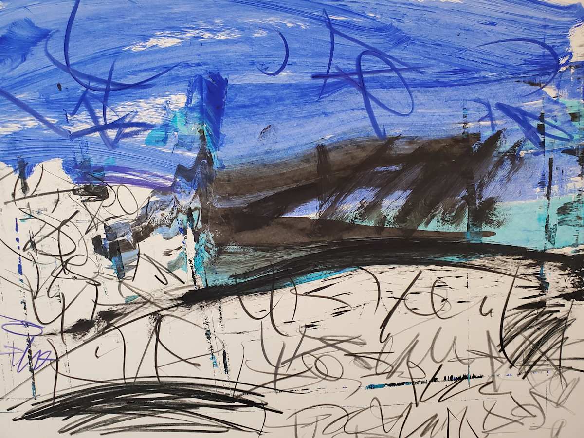 White Field Night by scottkadamsart  Image: White Field Night, 1-30-2025, 17.5" x 23 "(44.45 x 58.42 cm), acrylic and mixed media on paper. From the Symbolic Landscape Series. Copyright Scott K. Adams, 2025.