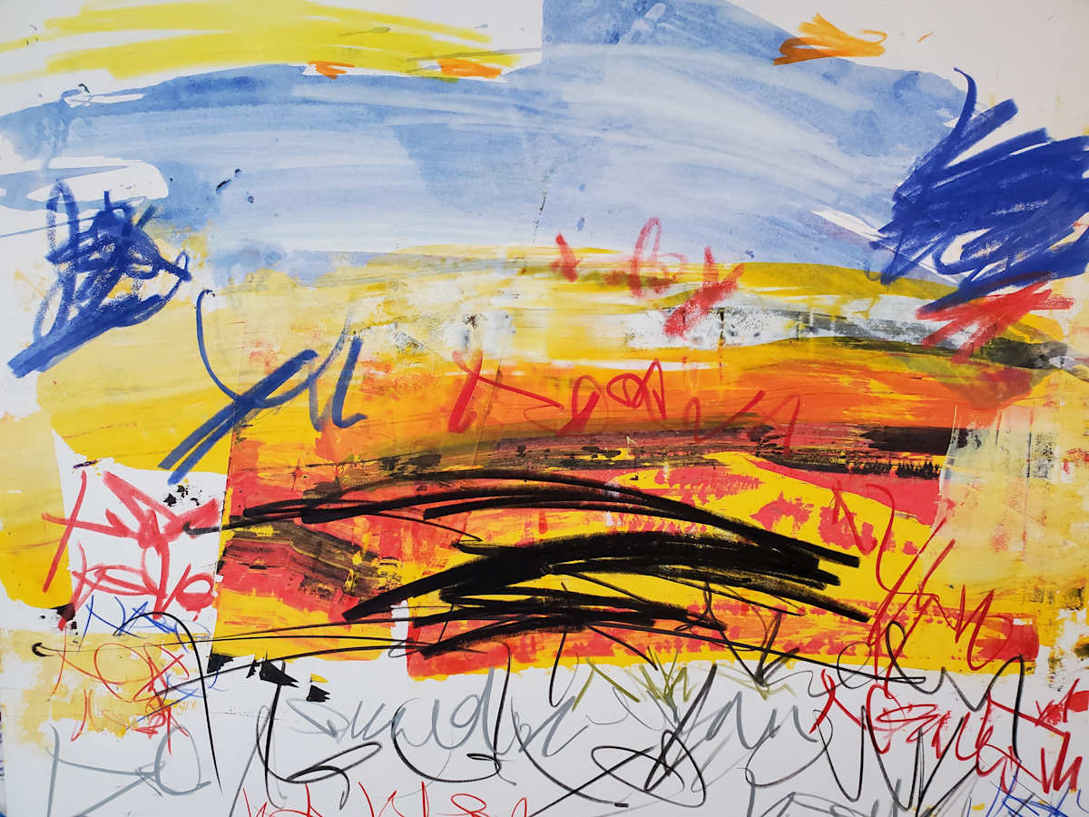 Day Break by scottkadamsart  Image: Day Break, 1-30-2025, 17.5" x 23 "(44.45 x 58.42 cm), acrylic and mixed media on paper. From the Symbolic Landscape Series. Copyright Scott K. Adams, 2025.