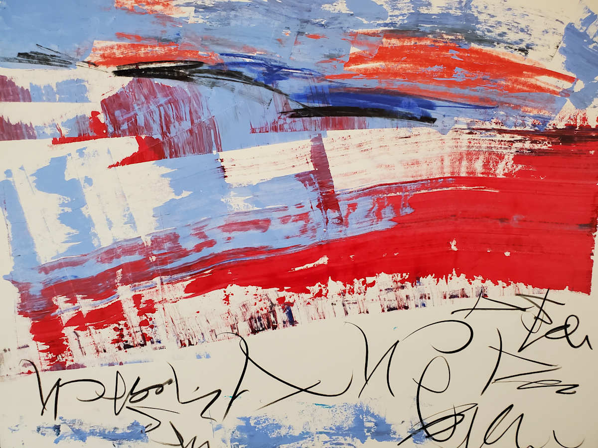 Rythmic Horizon by scottkadamsart  Image: Rythmic Horizon, 2-23-2025, 17.5" x 23" (44.45 x 58.42 cm), acrylic and mixed media on paper. From the Symbolic Landscape series. Copyright Scott K. Adams, 2024. Available now for $700 framed + shipping, DM me on Instagram or Facebook for purchase. scottkadamsart.com