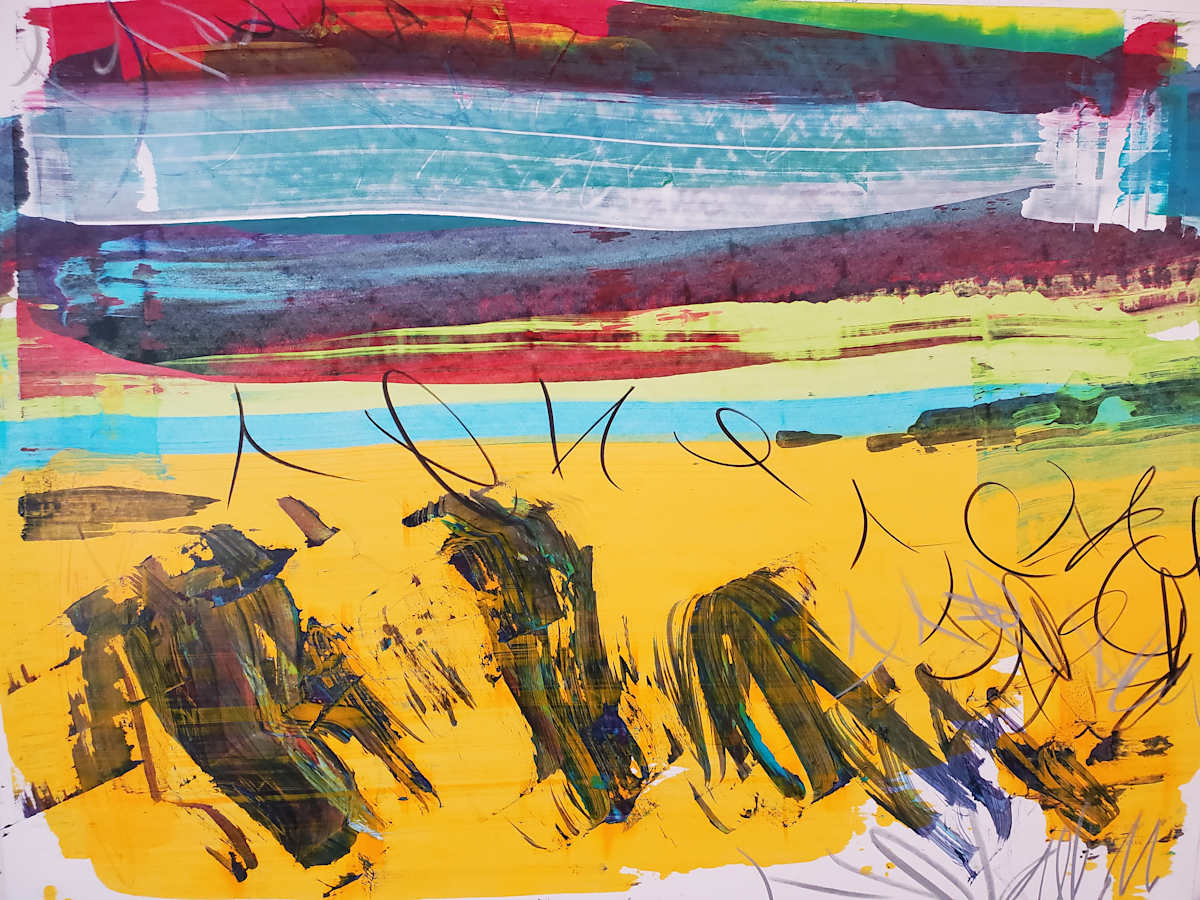 August Wheat Field by Scott K. Adams  Image: August Wheat Field, 8-31-2023, 17.5" x 23 "(44.45 x 58.42 cm), acrylic and mixed media on paper. From the Symbolic Landscape Series. Copyright Scott K. Adams, 2023.