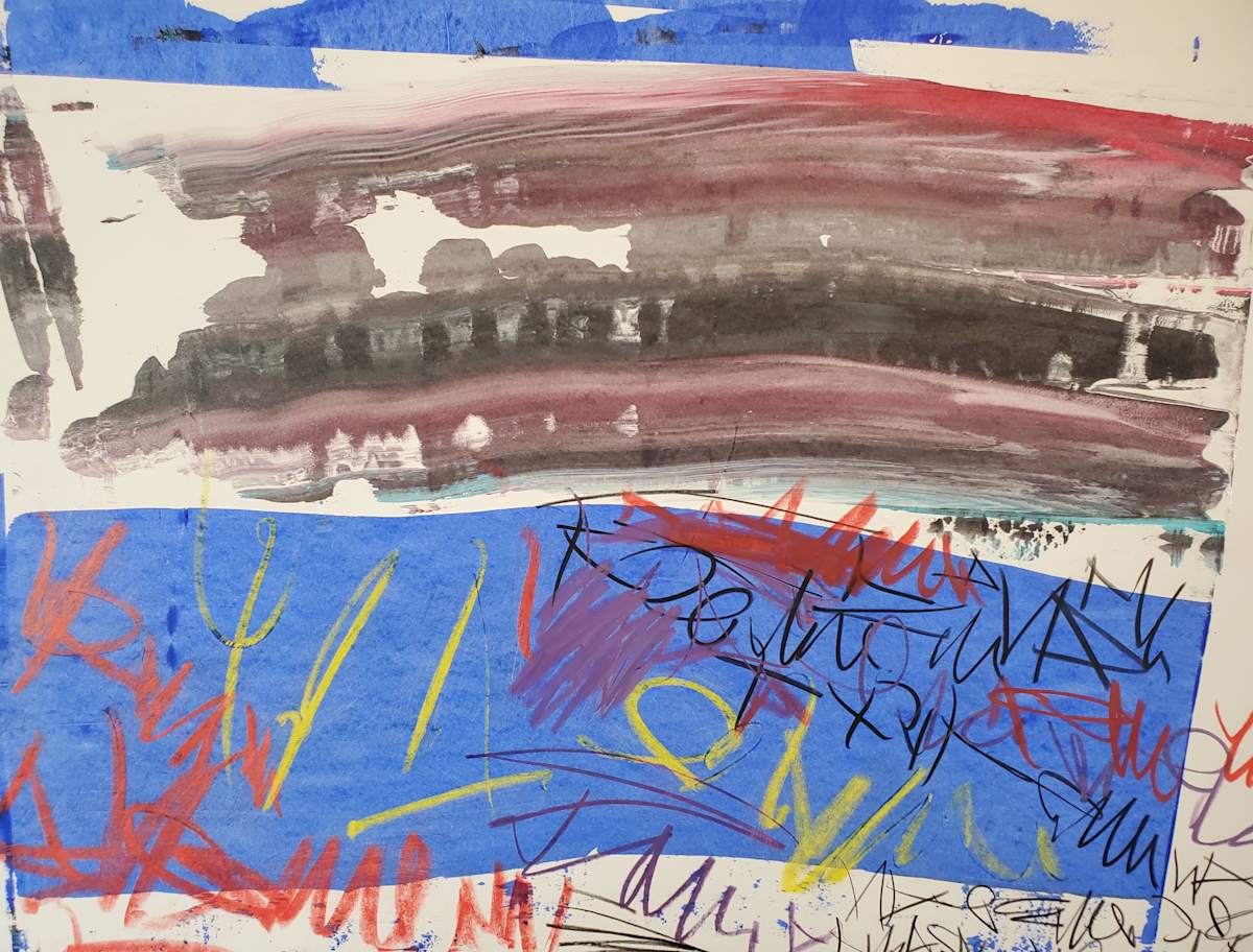 Broken Horizon by scottkadamsart  Image: Broken Horizon, 2-23-2025, 17.5" x  23", (44.45 x 58.42 cm), acrylic and mixed media on paper. Copyright Scott K. Adams, 2025. 