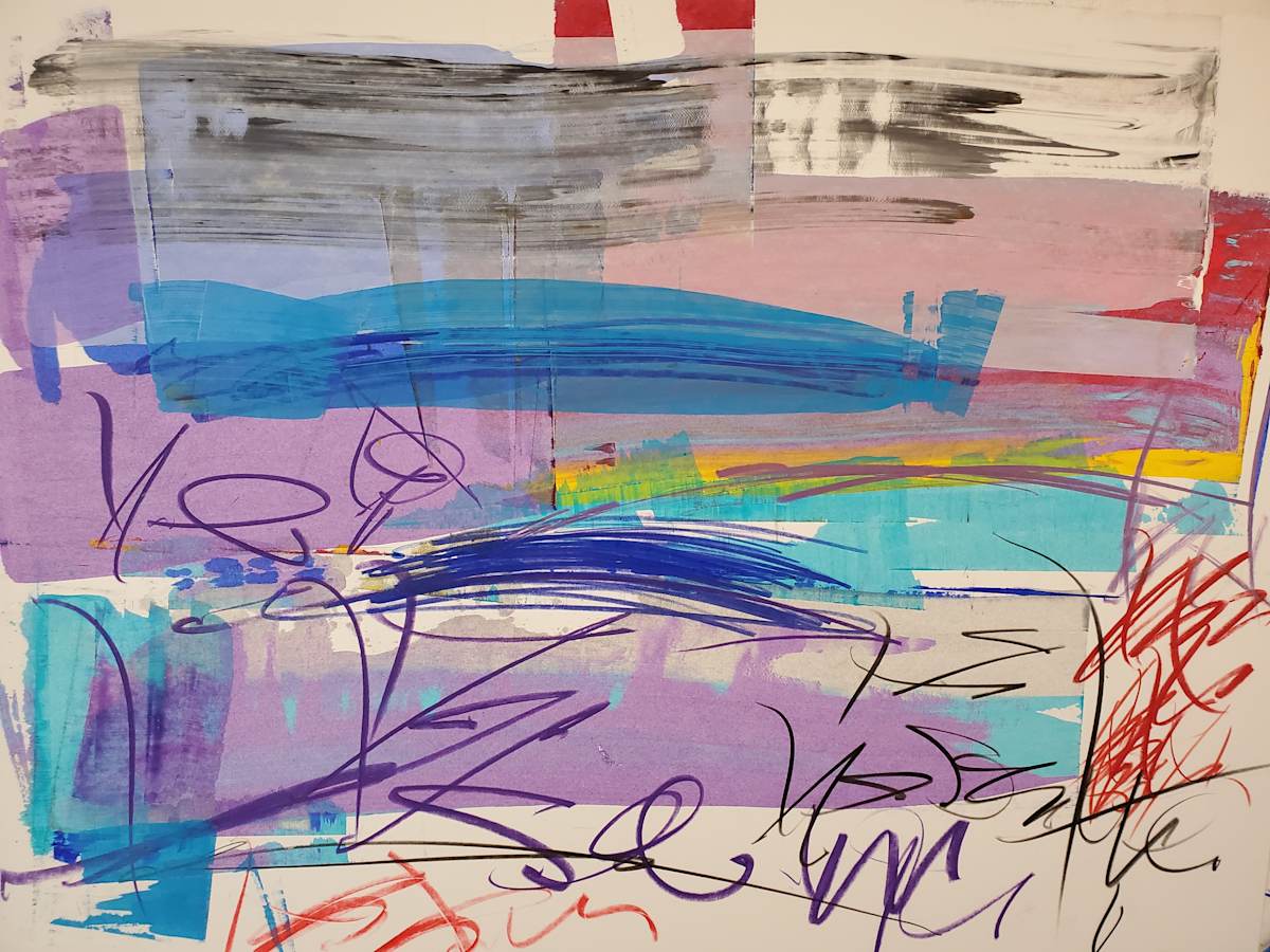 February Skies by scottkadamsart  Image: February Skies, 2-2-2025, 17.5" x  23", (44.45 x 58.42 cm), acrylic and mixed media on paper. Copyright Scott K. Adams, 2025. From the Symbolic Landscape Series.