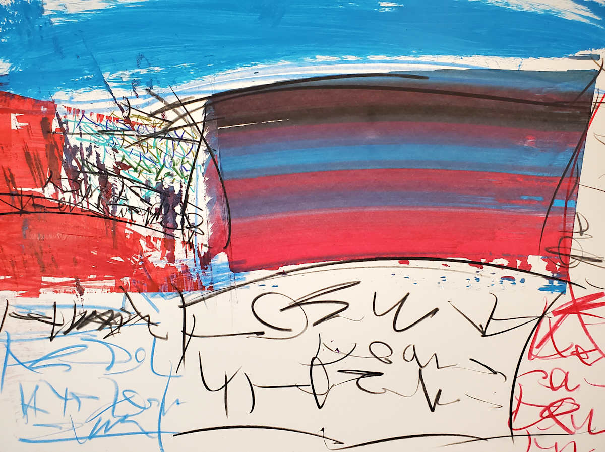 Split Section Landscape by scottkadamsart  Image: Split Section Landscape, 2-17-2025, 17.5" x  23", (44.45 x 58.42 cm), acrylic and mixed media on paper. Copyright Scott K. Adams, 2025. From the Symbolic Landscape Series.