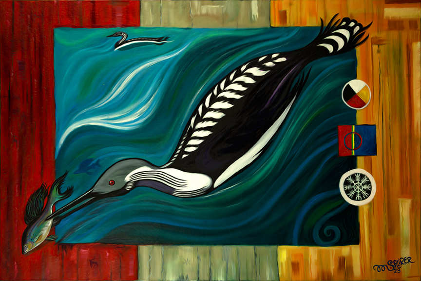 Arctic Loon by Marissa Kayne Saurer  Image: A striking depiction of an Arctic Loon immersed diving for its dinner of grayling, vibrant waves of blues and greens, creating a dynamic sense of movement and vitality. The bird, portrayed with a stark contrast of black and white, offers a powerful visual focus as it grasps a fish in its beak, suggesting themes of survival and nature's cycles. Surrounding the central image, there are accents of rich red and warm yellow tones, which add depth and dimension, while symbolic elements are placed thoughtfully around the composition, enhancing its narrative.