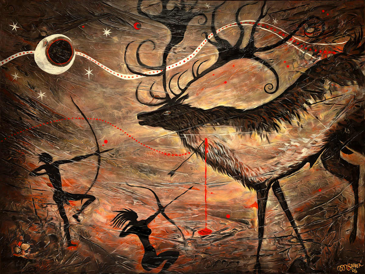 Elk Hunt - Homage to the first artists by Marissa Kayne Saurer  Image: With dark hues highlighting the figures against the lighter background, and selective use of red draws the viewer’s eye to pivotal elements within the composition. This color pairing not only adds drama but also implies a symbolic depth referencing themes of life, struggle, and nature's cycle.