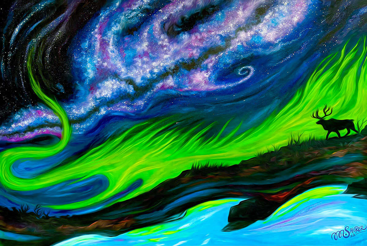 Jokkmokk Night by Marissa Kayne Saurer  Image: A captivating and surreal portrayal of a night sky, vividly rendered with sweeping strokes and bold colors. Dominating the canvas, the celestial expanse bursts with stars and swirling nebulas, their luminescence captured beautifully in shades of blue, purple, and white. The ethereal spectacle in the sky is further enlivened by the vibrant green and blue wisps that seem to dance among the stars, suggesting a sense of otherworldly movement in the Northern Lights.