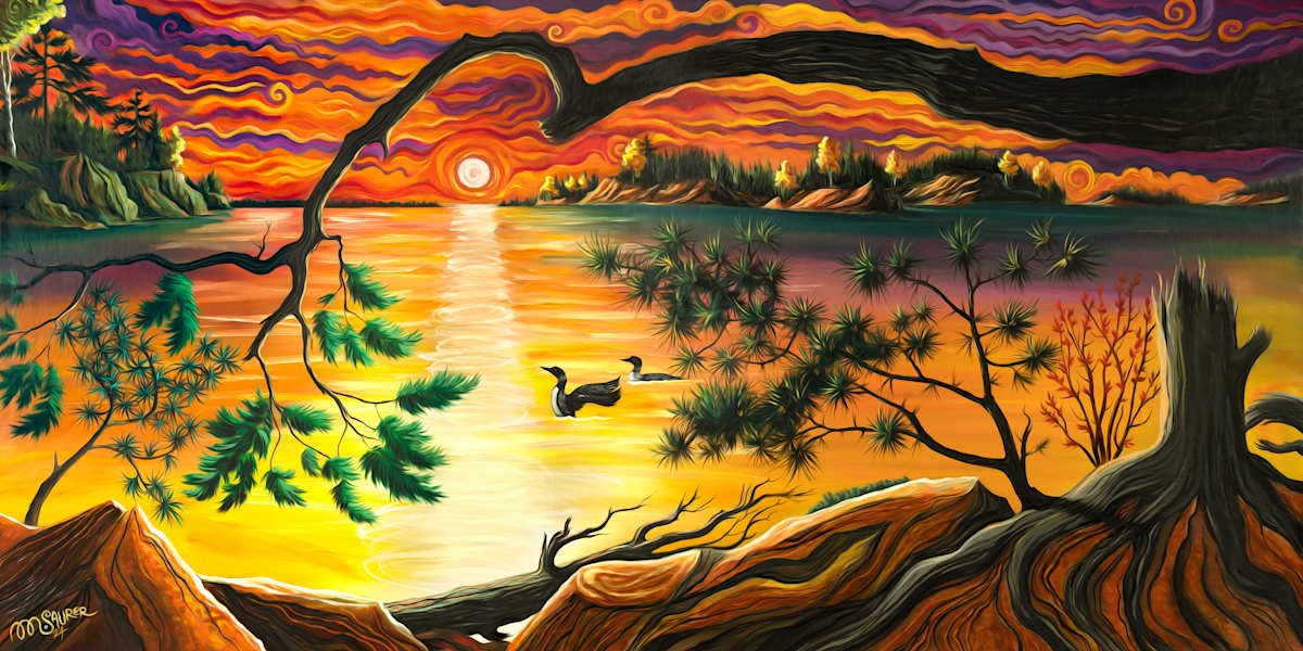 Lake Vermilion Sunset by Marissa Kayne Saurer  Image: A vivid landscape depicting a sunset over Lake Vermilion in Northern Minnesota, enveloped by a mix of fiery reds, oranges, and yellows that melt into each other in the sky. The vibrant colors suggest a dramatic contrast between the warmth of the setting sun and the cooler tones of the landscape. The foreground features strong, even slightly abstract, tree branches and foliage that stretch out over the water, creating a natural frame for the scene. The shimmering reflection of the sun on the water's surface emphasizes a sense of tranquility, with two small birds gliding peacefully. The artist uses swirling, exaggerated lines in the sky, perhaps drawing inspiration from post-impressionistic styles, adding a sense of motion and energy to the piece.