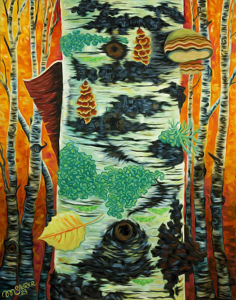 Medicine Tree by Marissa Kayne Saurer  Image: A vibrant and textured portrayal of a birch tree trunk against a rich orange and yellow background, suggesting an autumn forest scene. The artist's use of color is one of the standout features, with the warm hues of the background creating a stark yet harmonious contrast to the cool and earthy tones of the birch trunk. The details on the trunk, including leaves, fungi, and moss, are rendered with careful attention, adding a tactile, almost three-dimensional quality to the piece.